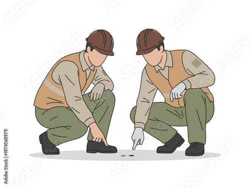 Construction workers squatting and pointing at floor illustration
