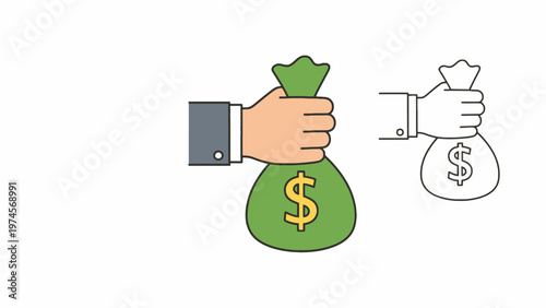 Hand holding green money bag with dollar sign illustration