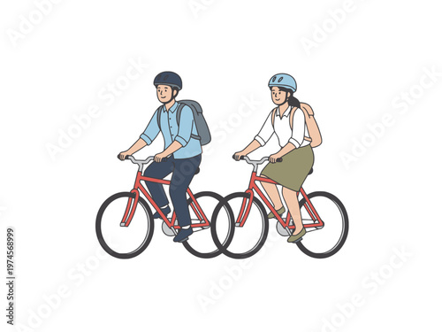 Couple riding bicycles wearing helmets and backpacks on white