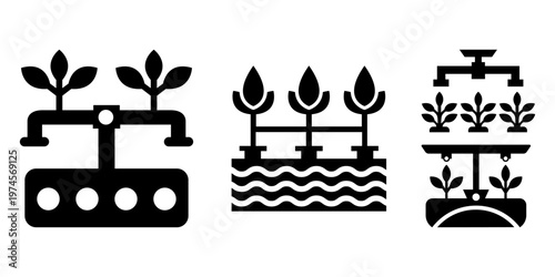 Hydroponic plant system silhouette vector illustration set for modern indoor farming