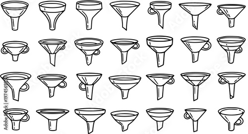 Collection of various Kitchen and Laboratory Funnels in Hand-Drawn Black and White Line Art Style - Essential Tools for Pouring and Transferring Liquids