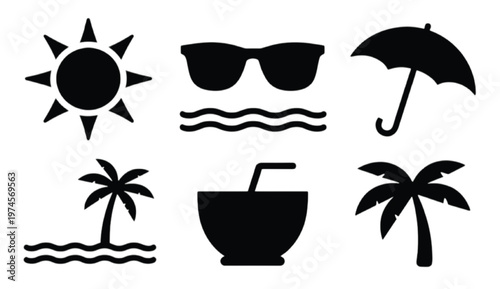 Set of tropical summer silhouettes with beach elements sun wave and holiday symbols