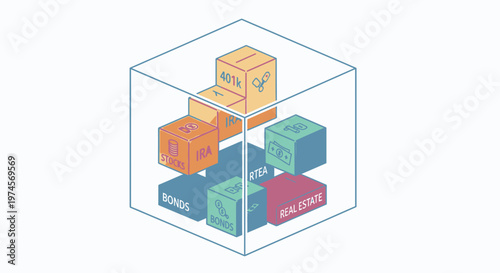 Diverse Investment Portfolio Stacked in a Transparent Cube