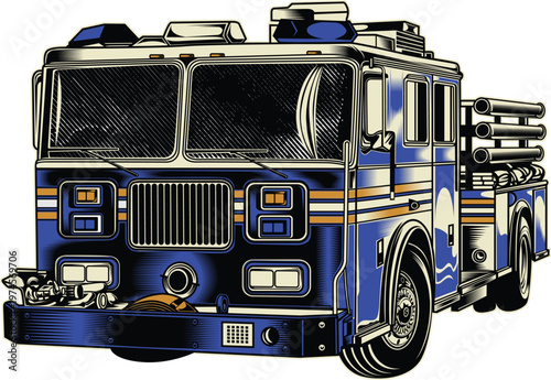 An emergency red fire truck engine with a rescue ladder is isolated on a white background as a 911 transport vehicle for firefighter safety