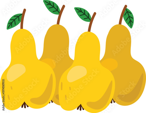 A collection of fresh yellow pears and a green apple with organic leaves in a healthy fruit vector illustration featuring juicy ripe natural objects on a white background