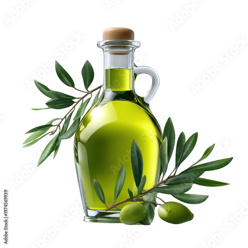 A clear glass bottle filled with extra virgin olive oil decorated with fresh green olive branches isolated on transparent background