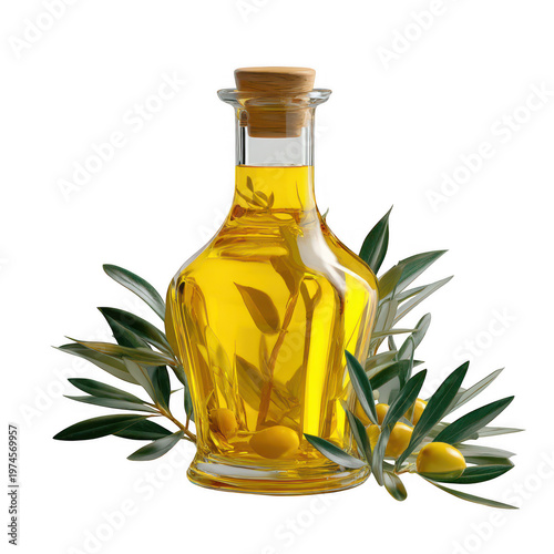 A clear glass bottle filled with golden olive oil surrounded by fresh green olive branches leaves isolated on transparent background