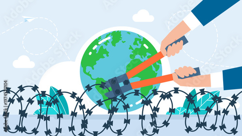 Hands using metal bolt cutters to cut barbed wire fence in front of Earth globe, representing global freedom, breaking borders, world peace and environmental protection. Vector illustration.