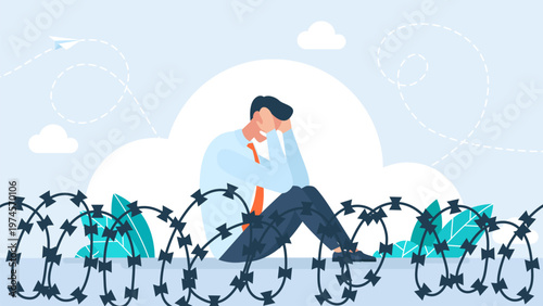 Depressed businessman sitting on the ground behind barbed wire fence, representing mental health issues, feeling trapped, social isolation and professional burnout. Vector illustration.