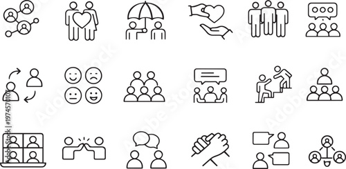 Minimalist community and teamwork line icons, set of 18 thin stroke vector symbols, social connection and human resources business graphics