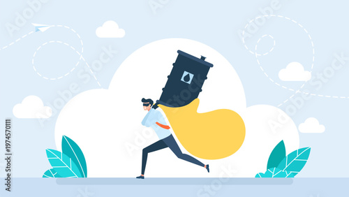 Thief in a mask carrying a heavy oil barrel in a large bag, representing fuel theft, energy crisis, rising petroleum prices and illegal resource trade concept. Vector illustration.