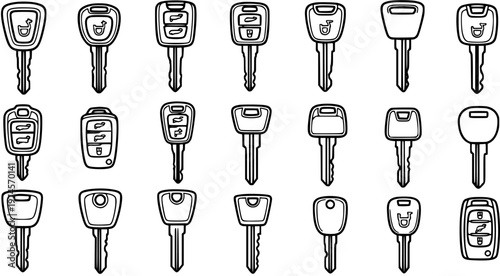 Automotive Car Keys Vector Icon Set. Collection of Outline Vehicle Key Fobs and Traditional Keys in Black and White Line Art Style.