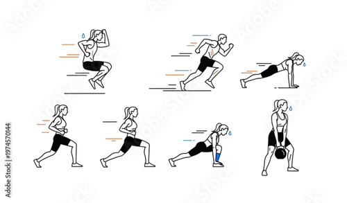 Black and white HIIT workout icon set with high intensity training exercises outline illustration