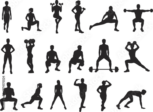 Fitness exercise silhouettes, workout poses, gym training, strength lifting, stretching, lunges, squats, dumbbells, barbells, walking, health, physical activity, sport