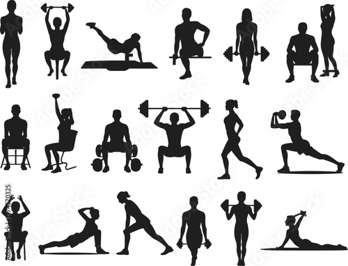 Fitness exercise silhouettes, stretching poses, yoga positions, gym training, weightlifting, squats, lunges, seated workouts, physical health, wellness, sport activity, silhouette design