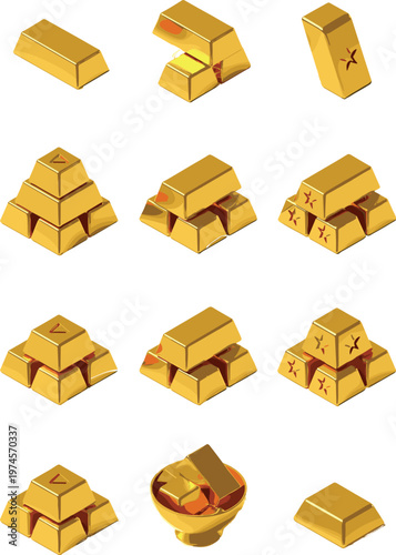 Set of shiny 3D isometric gold bars and bullion stacks isolated on white background for financial wealth investment banking and treasure graphic design elements