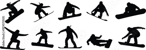 Snowboarder silhouettes performing dynamic tricks, winter sports illustration artwork, extreme snowboarding design, freestyle athlete logo, mountain adventure background scene