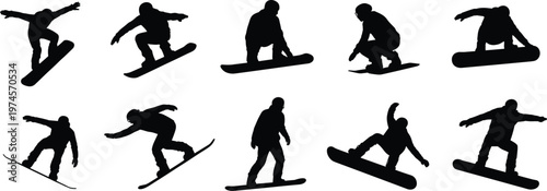 Snowboarder silhouettes in dynamic poses, winter sports illustration artwork, extreme snowboarding tricks design, athletic performance logo, mountain adventure background scene