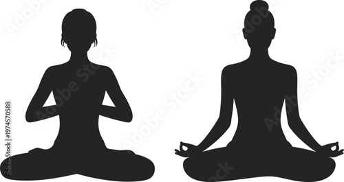 Meditation yoga silhouettes in seated poses, mindfulness artwork design, spiritual relaxation illustration, wellness lifestyle logo, peaceful practice background for harmony