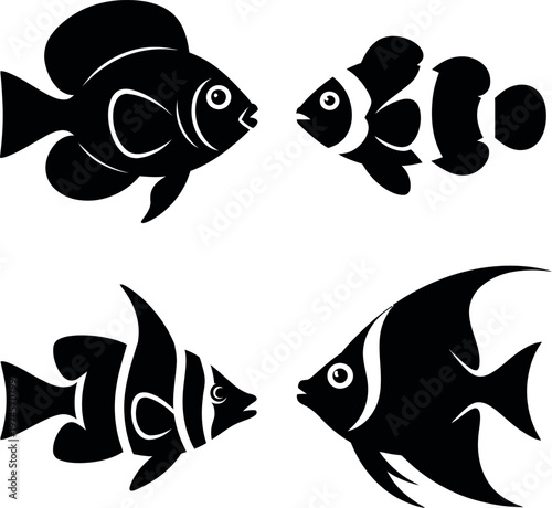 Silhouette black of various tropical fish species including angelfish, clownfish, surgeonfish, and butterflyfish vector illustration isolated on white background for marine design