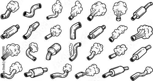 Automotive Exhaust Pipes and Mufflers Black and White Line Art Set with Smoke Emissions. Hand-drawn Car Parts Doodle Icons Vector Collection.