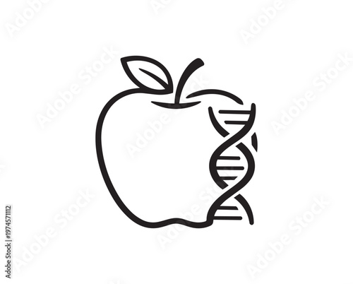 Stylized apple outline merged with DNA double helix symbolizing biotechnology and genetic modification