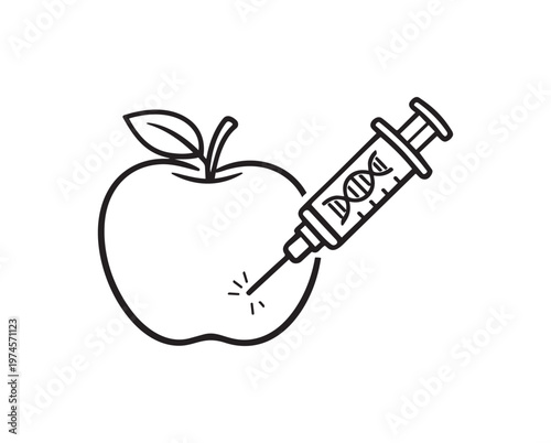 Black and white illustration of apple with syringe injecting DNA symbol representing genetic food modification