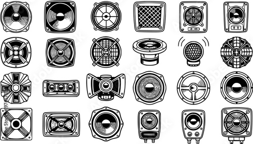 Audio Technology Black  White Line Art Speakers Set. Vintage Sound Equipment  Car Audio Component Vector Icons Collection.