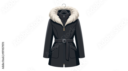 Black winter coat with fur hood.