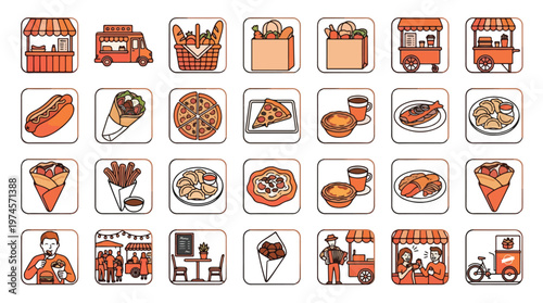 Street Food Icon Set in Line Art Style. A collection of festival food linear icons, including pizza, hot dog, food truck, delivery, coffee, crepes, churros, grocery, cart