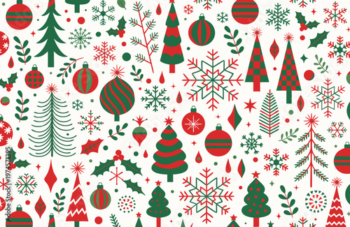 Festive christmas pattern with hand drawn trees baubles and snowflakes design