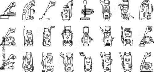 Black and White Line Art Set of Various Pressure Washers and Cleaning Equipment