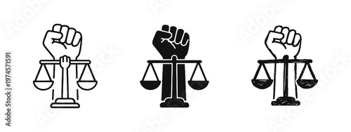 Fight for Justice Icon Set - Raised Fist, Social Activism, and Legal Rights Symbol