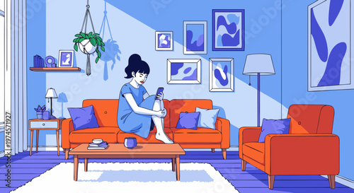 A woman immersed in her smartphone on a comfy sofa within a stylish living room, embodying modern digital connection and serene indoor relaxation
