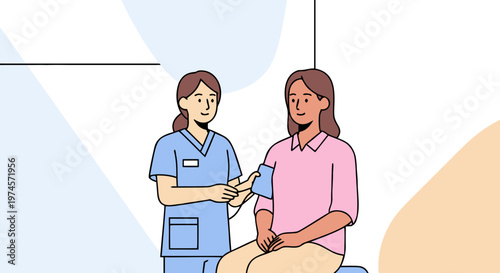 Professional nurse in medical uniform checking blood pressure for a female patient during a routine health examination at a clinic, emphasizing preventative healthcare and wellness management