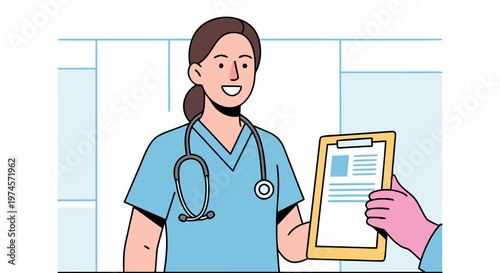 Smiling female healthcare professional in blue scrubs receives patient report, symbolizing dedicated medical service, patient care, and efficient health information exchange in a modern clinic setting