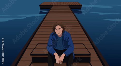 Vector illustration of a pensive person in a blue jacket, sitting alone on a wooden dock by the tranquil deep blue water at dusk, evoking peaceful solitude and reflection