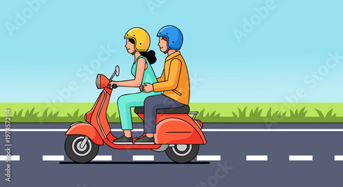 Joyful Couple Riding a Scooter on an Open Road Adventure, Exploring Together with Helmets for a Happy Journey