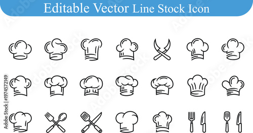 Chef hat and kitchen utensils editable vector line icons set with headwear culinary restaurant editable