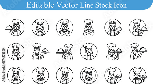 Circular chef characters serving food on tray editable vector line icons set with waitress restaurant culinary