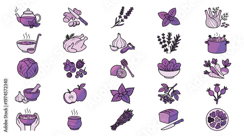 Healthy Food and Herbal Medicine Icon Set in Line Style. A collection of linear icons including tea, ginger, lavender, garlic, soup, chicken, berries, honey, spinach