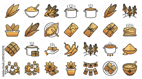 Mexican Tamale Cooking Icon Set in Linear Style. A collection of linear icons including corn, masa, steaming pots, husks, chili peppers, family traditions, decorations, and more. Vector Art.