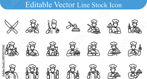 Professional chef character line icons set featuring male cooks with kitchen tools bottles and food platters