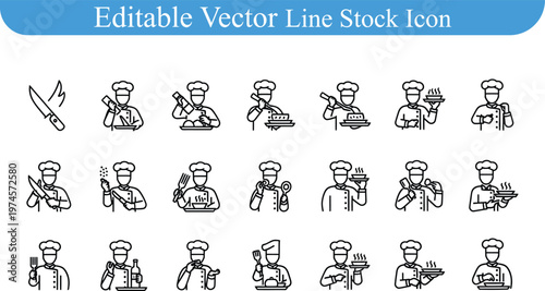 Culinary chef line icons collection showcasing cooking staff tasting food and holding bottles of wine or oil
