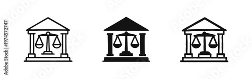 Courthouse building with scales of justice icon set, symbolizing legal system and law enforcement.