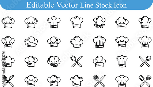 Professional chef hat and kitchen utensil icon set for restaurant branding and menu design with restaurant