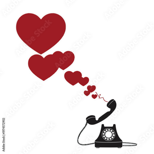 Vintage phone with hearts on white background love