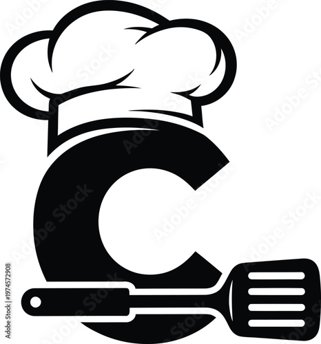 Initial letter c combined with a chef toque hat and kitchen spatula graphic icon for food or restaurant brand