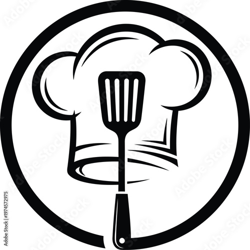 Black and white chef hat and spatula icon design in a circular frame for culinary and restaurant branding projects