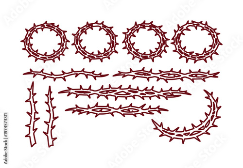 Crown of Thorns vector set, religious Christian symbolism, Easter and Lent design elements, spiritual suffering and sacrifice illustration, isolated on white background.